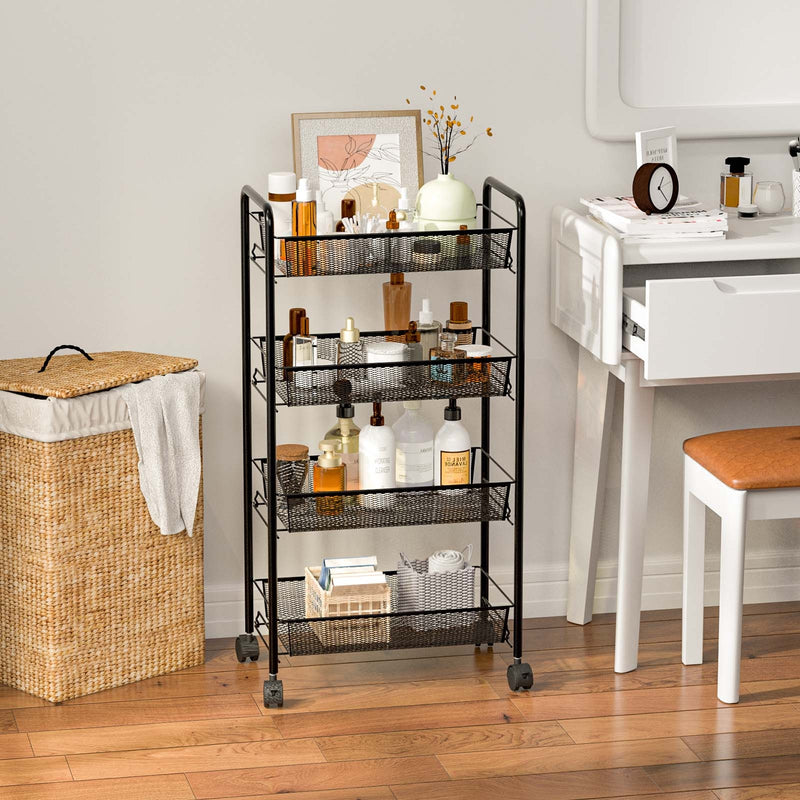 Black 4 Tier Storage Rack Trolley Cart-Black