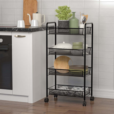 Black 4 Tier Storage Rack Trolley Cart-Black