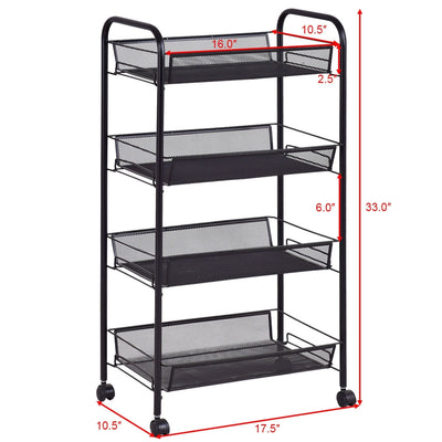 Black 4 Tier Storage Rack Trolley Cart-Black