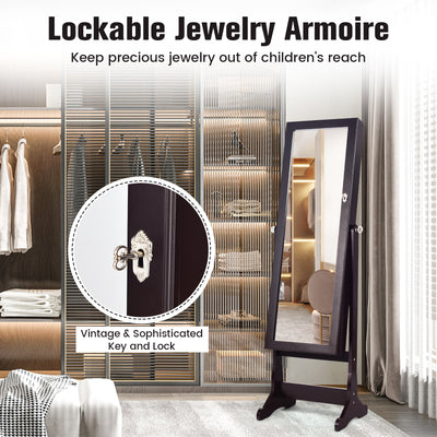 Lockable Mirrored Jewelry Cabinet with Stand and Led Lights-Brown