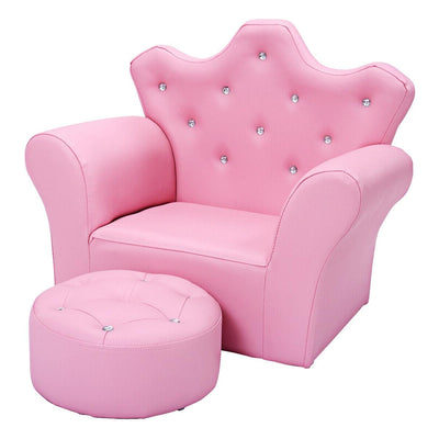 Children Upholstered Princess Sofa with Ottoman and Diamond Decoration for Boys and Girls-Pink