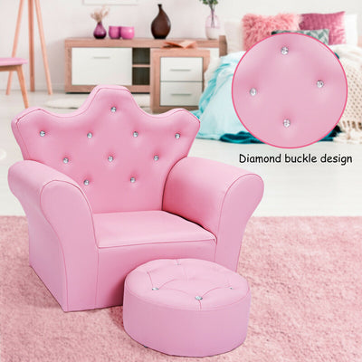 Children Upholstered Princess Sofa with Ottoman and Diamond Decoration for Boys and Girls-Pink