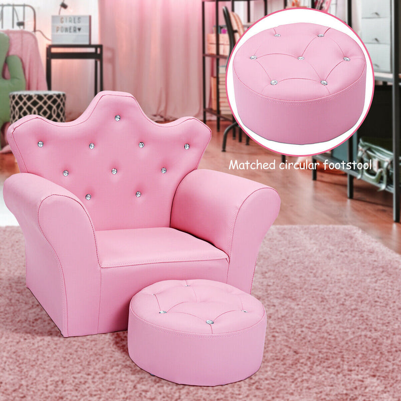 Children Upholstered Princess Sofa with Ottoman and Diamond Decoration for Boys and Girls-Pink