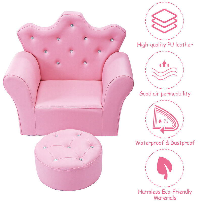 Children Upholstered Princess Sofa with Ottoman and Diamond Decoration for Boys and Girls-Pink