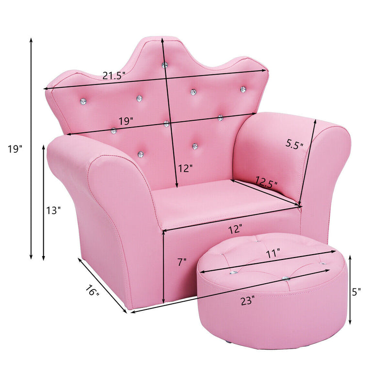 Children Upholstered Princess Sofa with Ottoman and Diamond Decoration for Boys and Girls-Pink