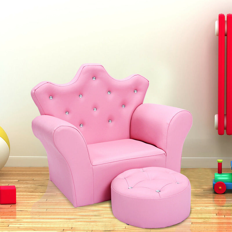 Children Upholstered Princess Sofa with Ottoman and Diamond Decoration for Boys and Girls-Pink