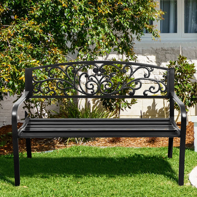 50 Inch Patio Park Steel Frame Cast Iron Backrest Bench Porch Chair