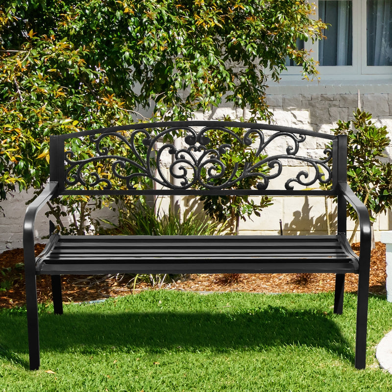 50 Inch Patio Park Steel Frame Cast Iron Backrest Bench Porch Chair