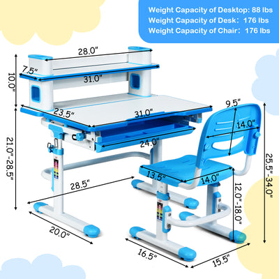 Adjustable Kids Desk and Chair Set with Bookshelf and Tilted Desktop-Blue