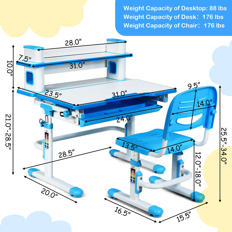 Adjustable Kids Desk and Chair Set with Bookshelf and Tilted Desktop-Blue