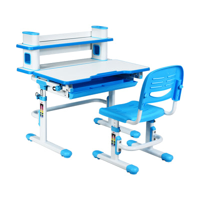 Adjustable Kids Desk and Chair Set with Bookshelf and Tilted Desktop-Blue