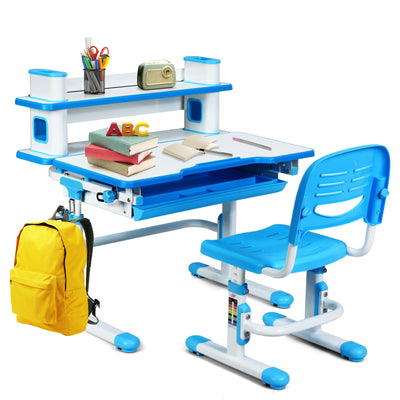 Adjustable Kids Desk and Chair Set with Bookshelf and Tilted Desktop-Blue