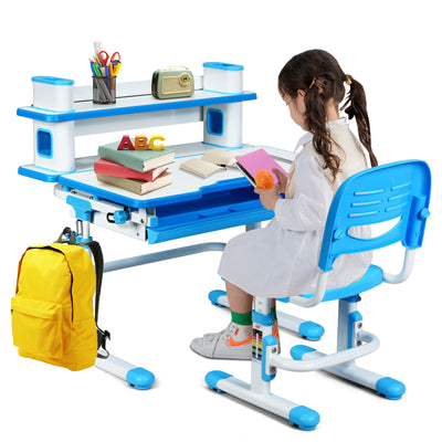 Adjustable Kids Desk and Chair Set with Bookshelf and Tilted Desktop-Blue