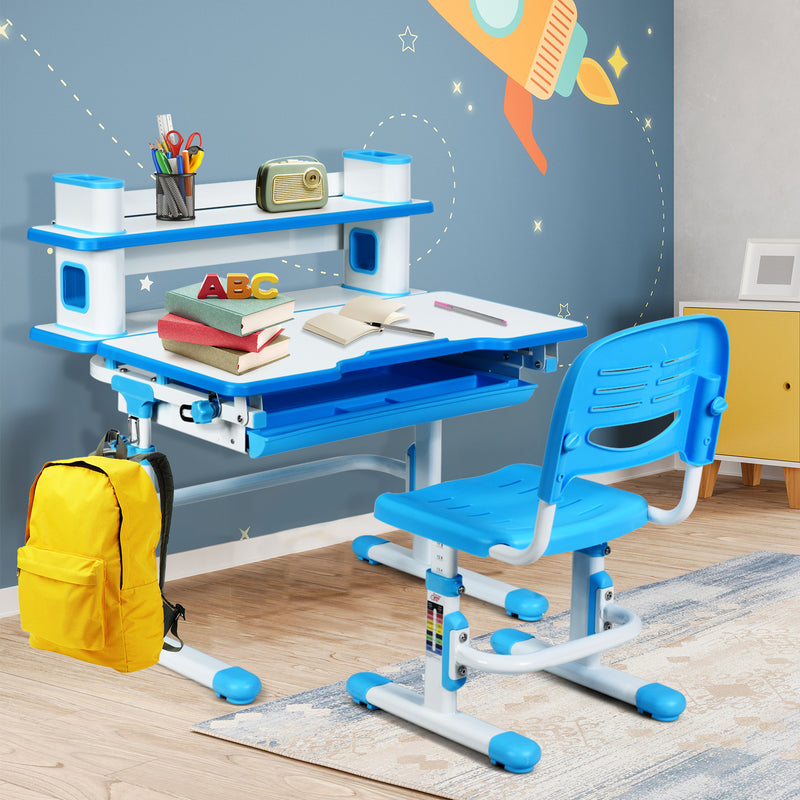 Adjustable Kids Desk and Chair Set with Bookshelf and Tilted Desktop-Blue