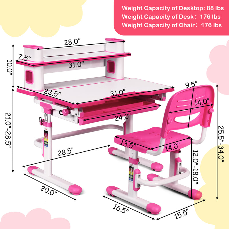 Adjustable Kids Desk and Chair Set with Bookshelf and Tilted Desktop-Pink