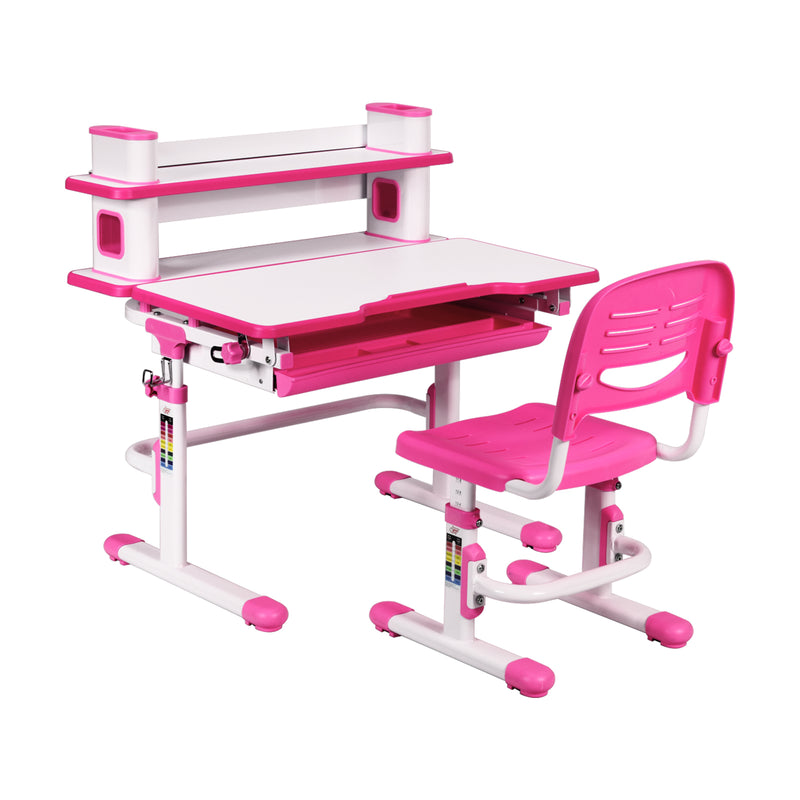 Adjustable Kids Desk and Chair Set with Bookshelf and Tilted Desktop-Pink