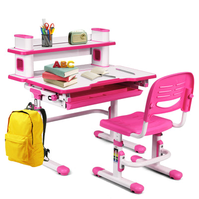 Adjustable Kids Desk and Chair Set with Bookshelf and Tilted Desktop-Pink