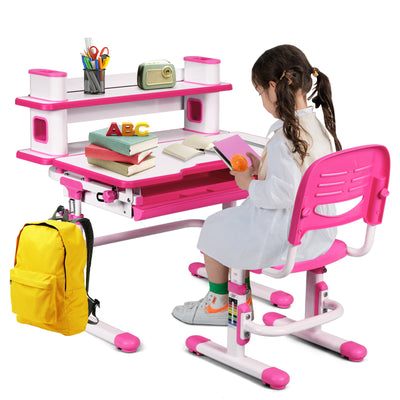 Adjustable Kids Desk and Chair Set with Bookshelf and Tilted Desktop-Pink