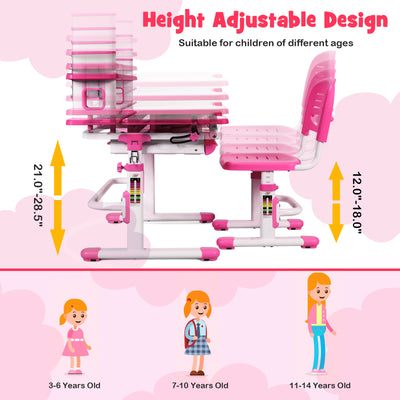 Adjustable Kids Desk and Chair Set with Bookshelf and Tilted Desktop-Pink