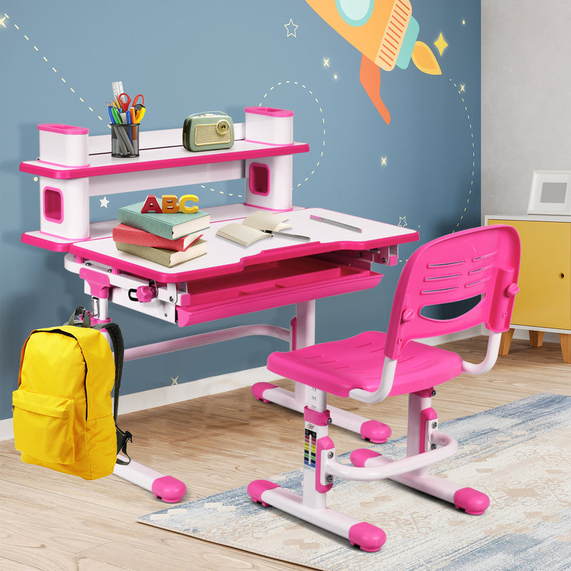 Adjustable Kids Desk and Chair Set with Bookshelf and Tilted Desktop-Pink