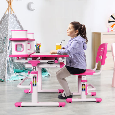 Adjustable Kids Desk and Chair Set with Bookshelf and Tilted Desktop-Pink