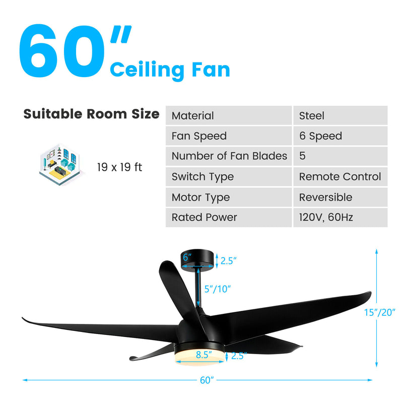 60 Inch Reversible Ceiling Fan with Light-Black