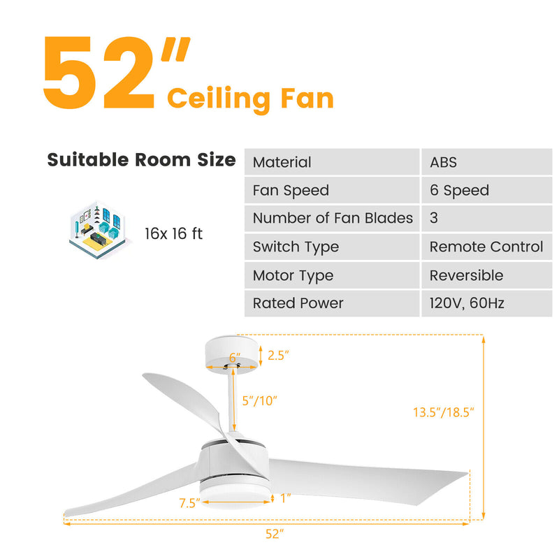 52 Inch Reversible Ceiling Fan with Light-White