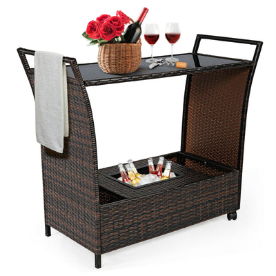 Patio Rattan Bar Serving Cart with Glass Top and Handle