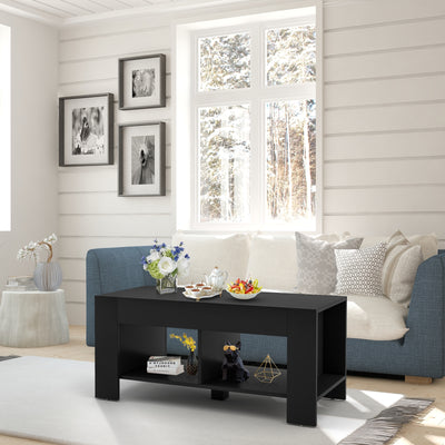 2-tier Wood Coffee Table Sofa Side Table with Storage Shelf-Black