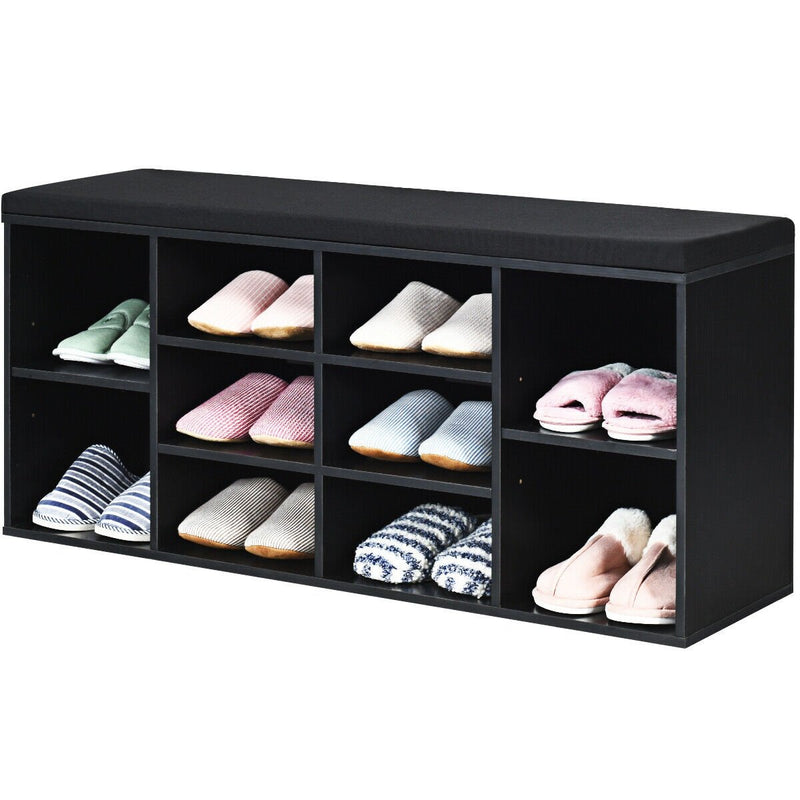 10-Cube Organizer  Entryway Padded Shoe Storage Bench-Black