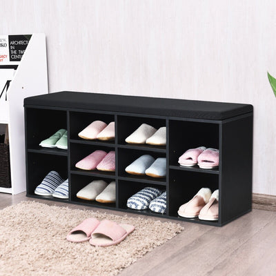 10-Cube Organizer  Entryway Padded Shoe Storage Bench-Black