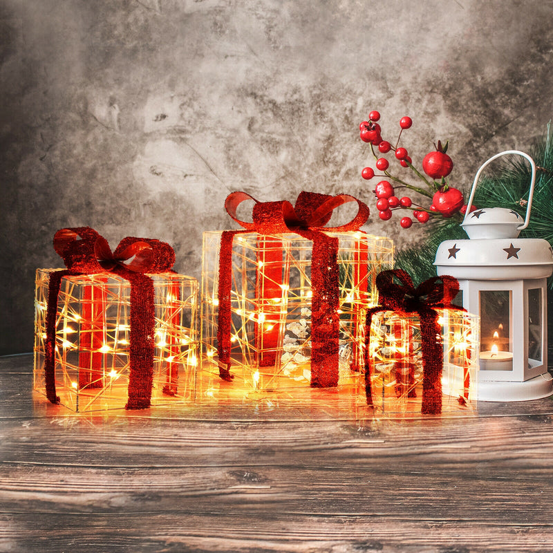 3 Pieces Christmas Lighted Gift Boxes Decorations with 60 LED Lights for Indoor and Outdoor