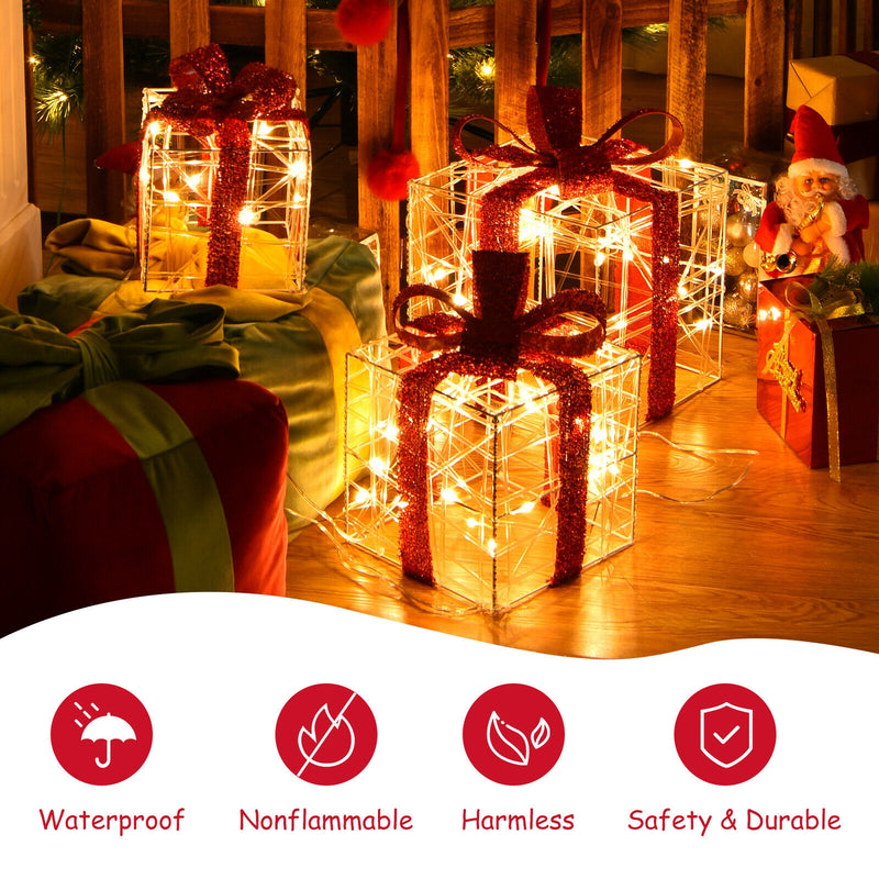 3 Pieces Christmas Lighted Gift Boxes Decorations with 60 LED Lights for Indoor and Outdoor