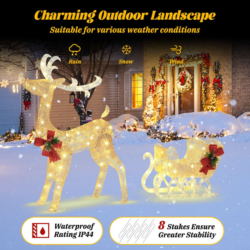 Christmas Reindeer Sleigh Decoration with 100 Lights-Golden