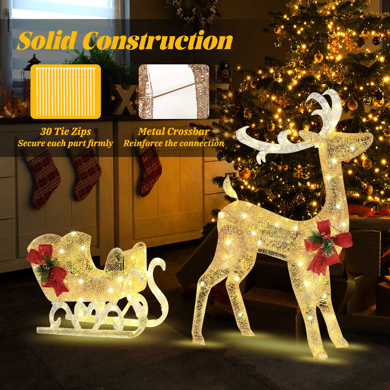 Christmas Reindeer Sleigh Decoration with 100 Lights-Golden