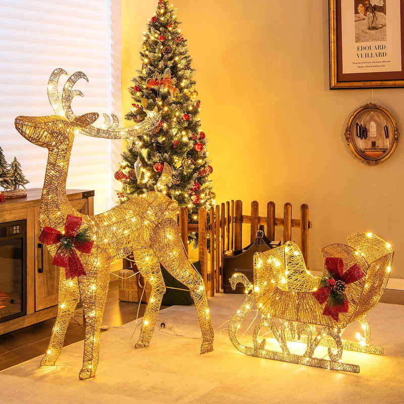 Christmas Reindeer Sleigh Decoration with 100 Lights-Golden