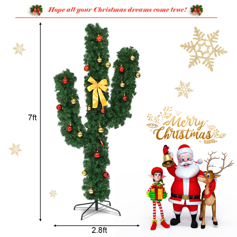 7 Feet Artificial Cactus PVC Christmas Tree with LED Lights and Ball Ornaments-7 ft