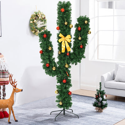 7 Feet Artificial Cactus PVC Christmas Tree with LED Lights and Ball Ornaments-7 ft