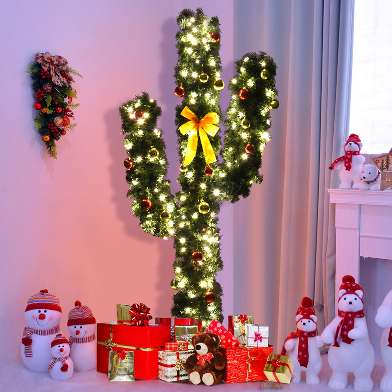 7 Feet Artificial Cactus PVC Christmas Tree with LED Lights and Ball Ornaments-7 ft