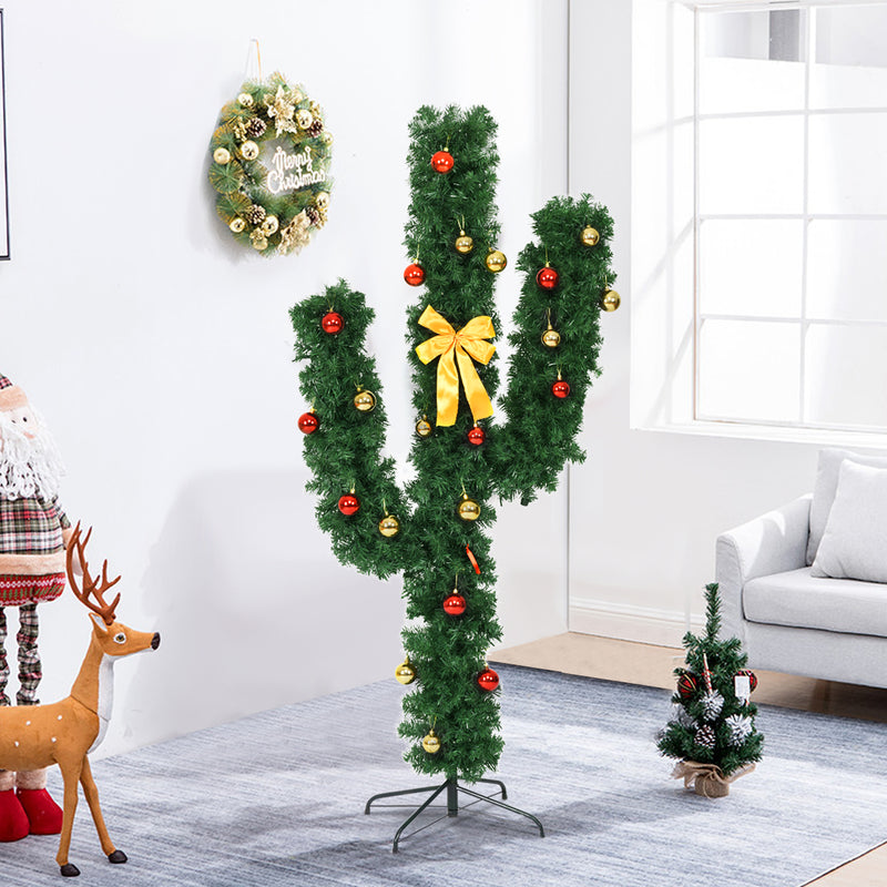 5 Feet Artificial Cactus PVC Christmas Tree with LED Lights and Ball Ornaments-5 ft