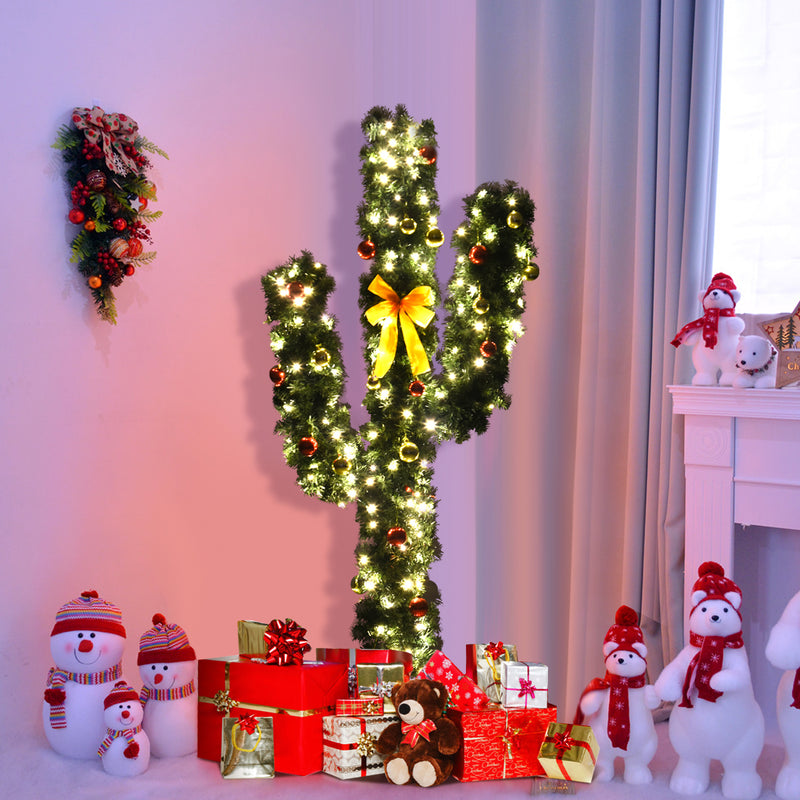 5 Feet Artificial Cactus PVC Christmas Tree with LED Lights and Ball Ornaments-5 ft