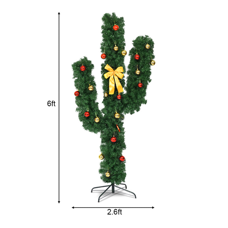 6 Feet Artificial Cactus PVC Christmas Tree with LED Lights and Ball Ornaments-6 ft