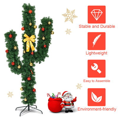 6 Feet Artificial Cactus PVC Christmas Tree with LED Lights and Ball Ornaments-6 ft