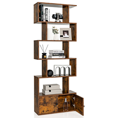 6-Tier S-Shaped Freestanding Bookshelf with Cabinet and Doors-Coffee