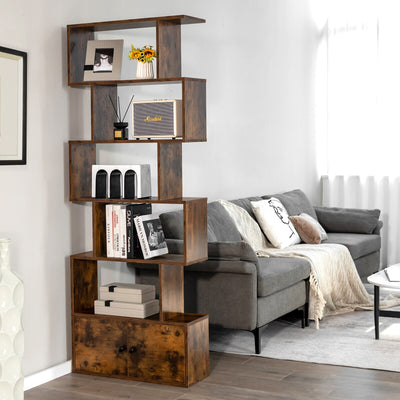 6-Tier S-Shaped Freestanding Bookshelf with Cabinet and Doors-Coffee