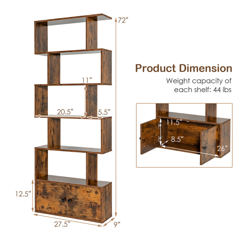 6-Tier S-Shaped Freestanding Bookshelf with Cabinet and Doors-Coffee