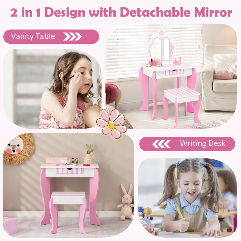 2-in-1 Toddler Vanity Set with Detachable Top and Cute Flower Patterns-White