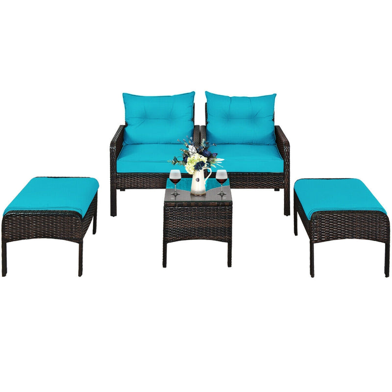 5 Pcs Patio Rattan Sofa Ottoman Furniture Set with Cushions-Turquoise