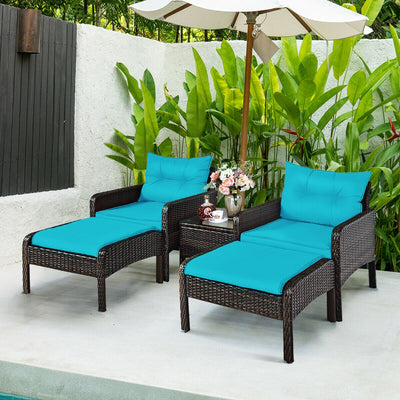 5 Pcs Patio Rattan Sofa Ottoman Furniture Set with Cushions-Turquoise