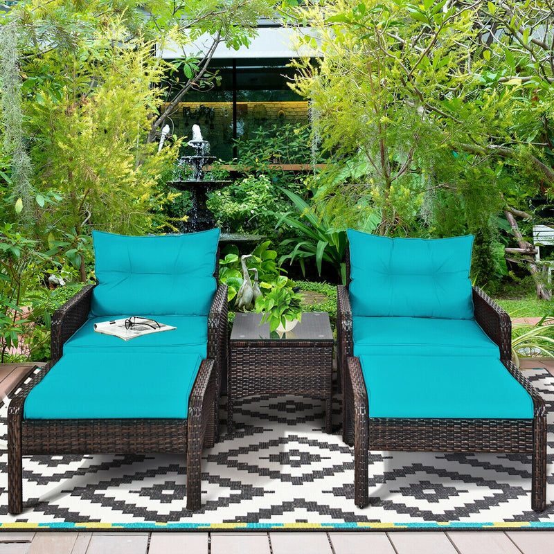 5 Pcs Patio Rattan Sofa Ottoman Furniture Set with Cushions-Turquoise